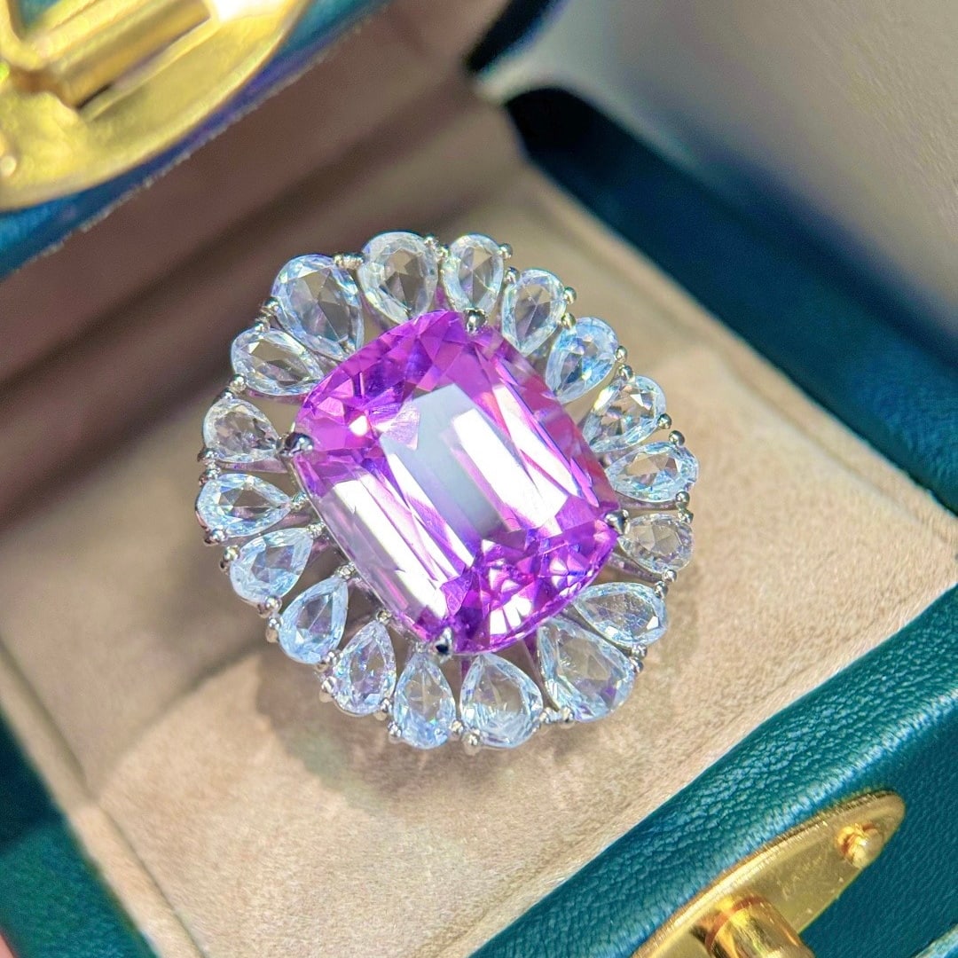 14k Gold 20.03 Ctw Natural Kunzite & Sapphire Ring - 3