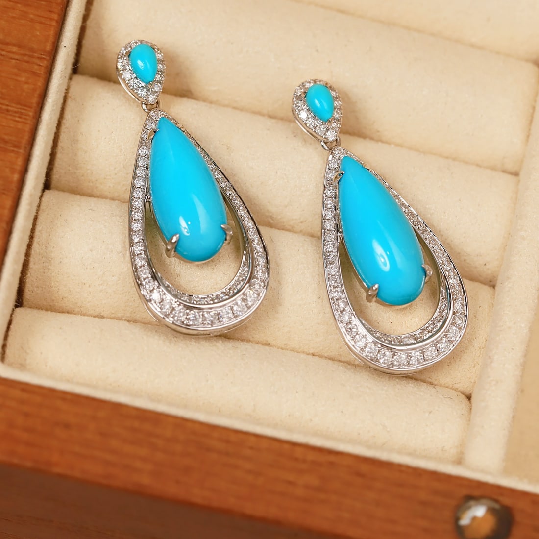 14k Gold 7.47 Ctw Natural Blue Turquoise & Diamond Earrings - 3