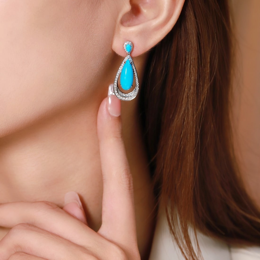 14k Gold 7.47 Ctw Natural Blue Turquoise & Diamond Earrings - 5