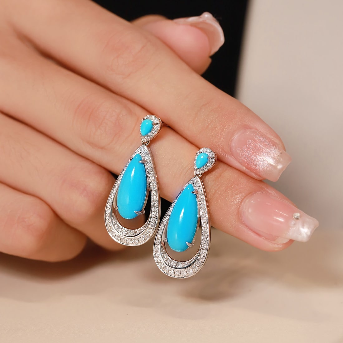 14k Gold 7.47 Ctw Natural Blue Turquoise & Diamond Earrings - 6