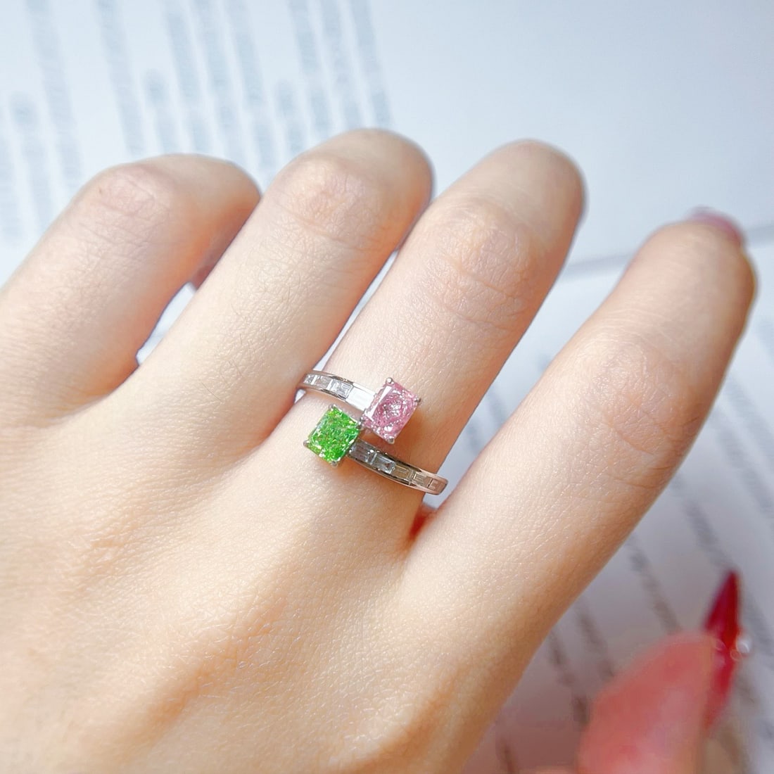 Gia Certified 14k Gold 1.10 Ctw Natural Green Diamond & Pink Diamond & Toi Et Moi Ring - 4