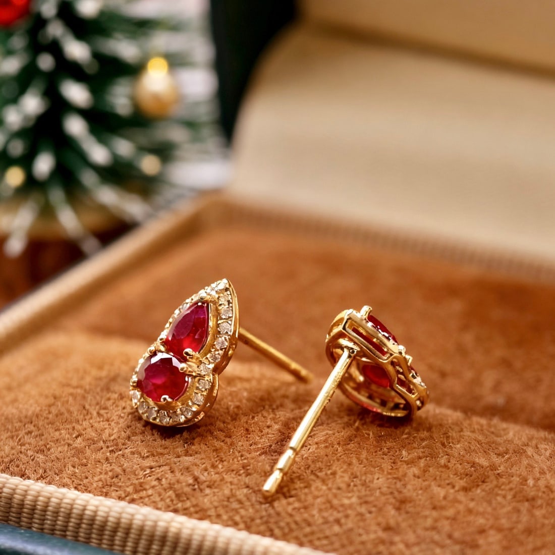 14k Gold 0.75 Ct Vivid Red Natural Ruby & Diamond Earrings - 5