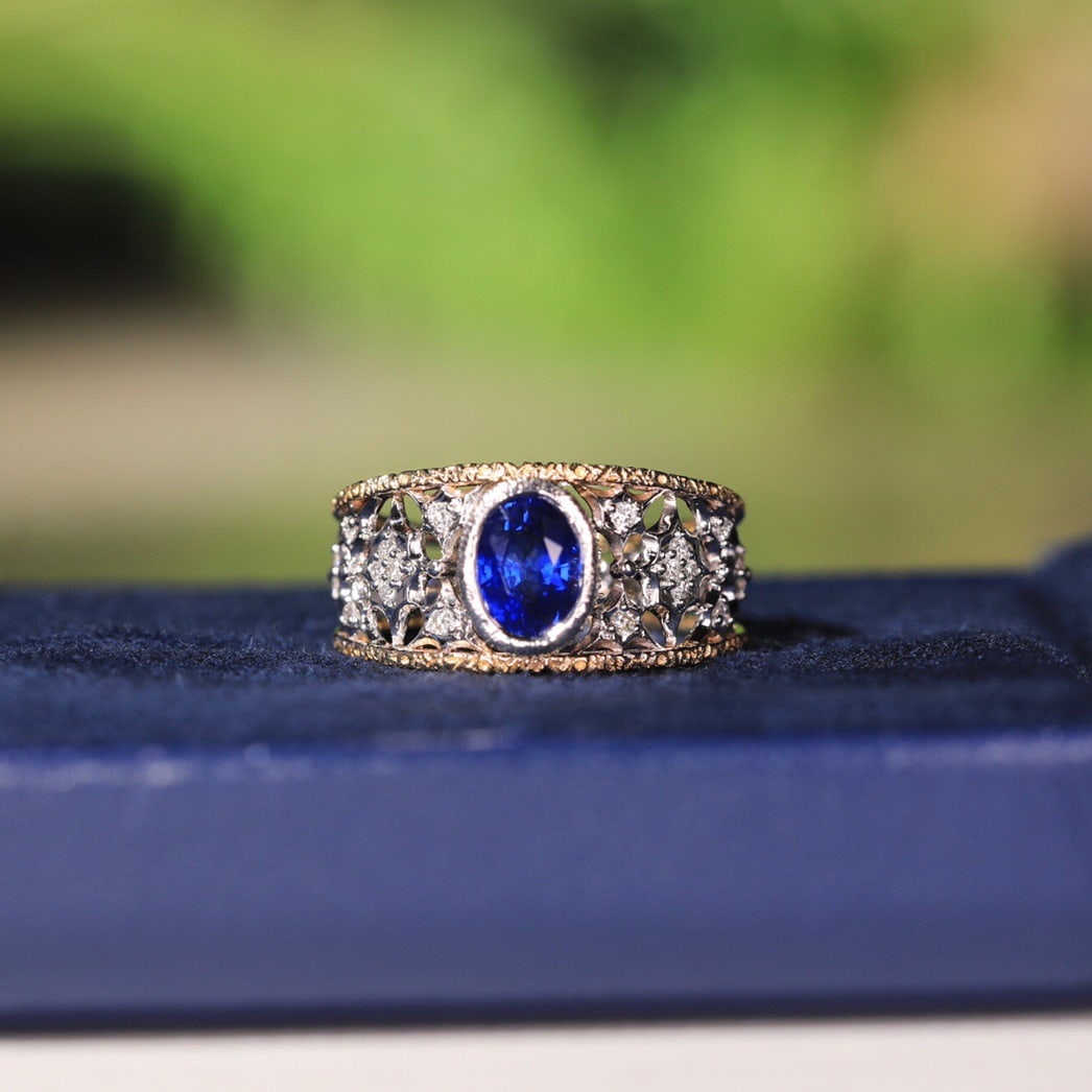 14k Gold 1.43 Ct Natural Sapphire & Diamond Ring: Ref:231128309 // gold content:14k gold // ring size:7. 25us // // main gemstone:sapphire // shape:oval // carat weight:1. 43ct // color:royal blue // treatment:natural // // adjacent gemstone 2 :