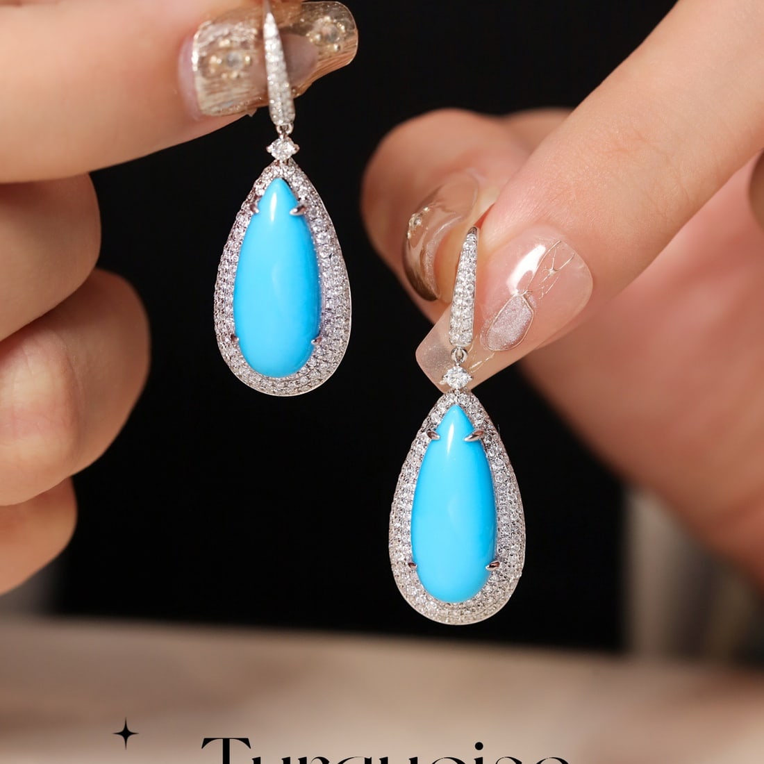 14k Gold 11.17 Ctw Natural Blue Turquoise & Diamond Earrings: Ref:231128318 // gold content:14k gold // main gemstone:blue turquoise // shape:pear // carat weight:9. 96ct // color:blue // treatment:natural // // adjacent gemstone 2 : diamond // shape:round //