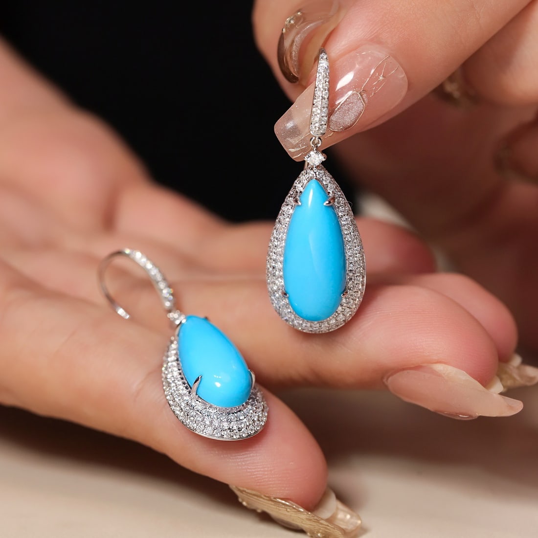 14k Gold 11.17 Ctw Natural Blue Turquoise & Diamond Earrings - 3