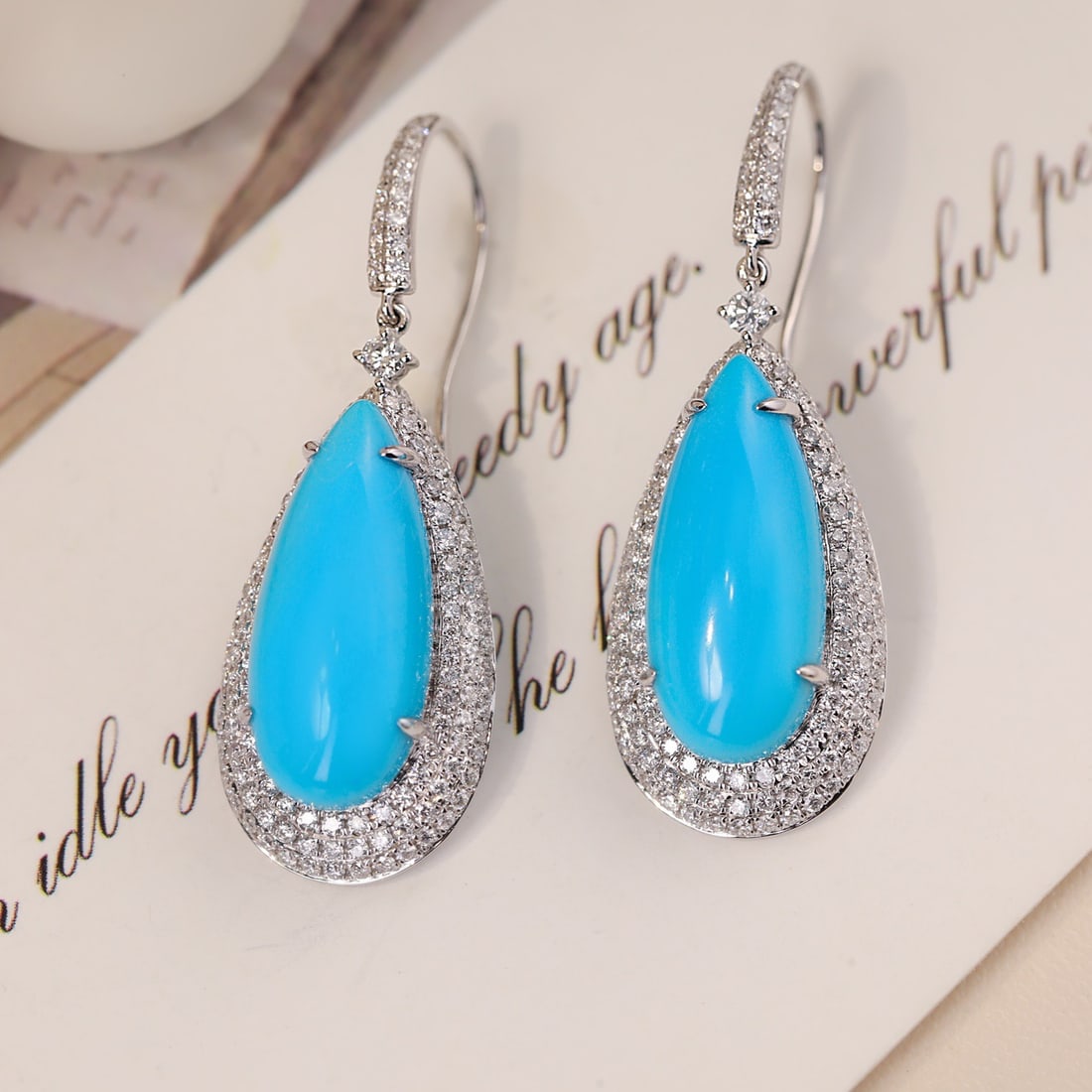 14k Gold 11.17 Ctw Natural Blue Turquoise & Diamond Earrings - 4