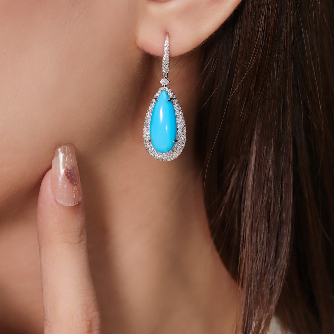 14k Gold 11.17 Ctw Natural Blue Turquoise & Diamond Earrings - 5