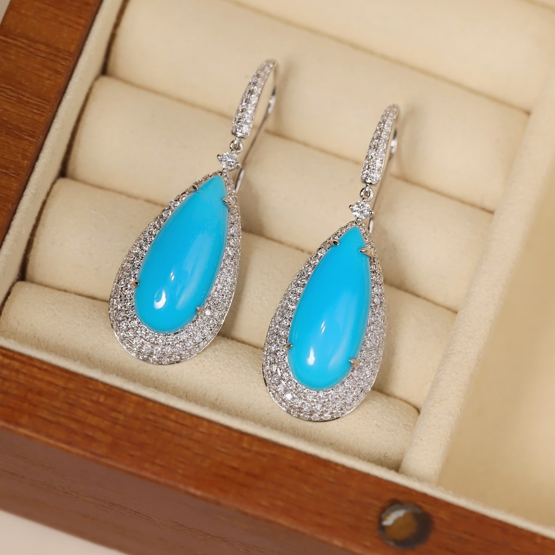 14k Gold 11.17 Ctw Natural Blue Turquoise & Diamond Earrings - 6