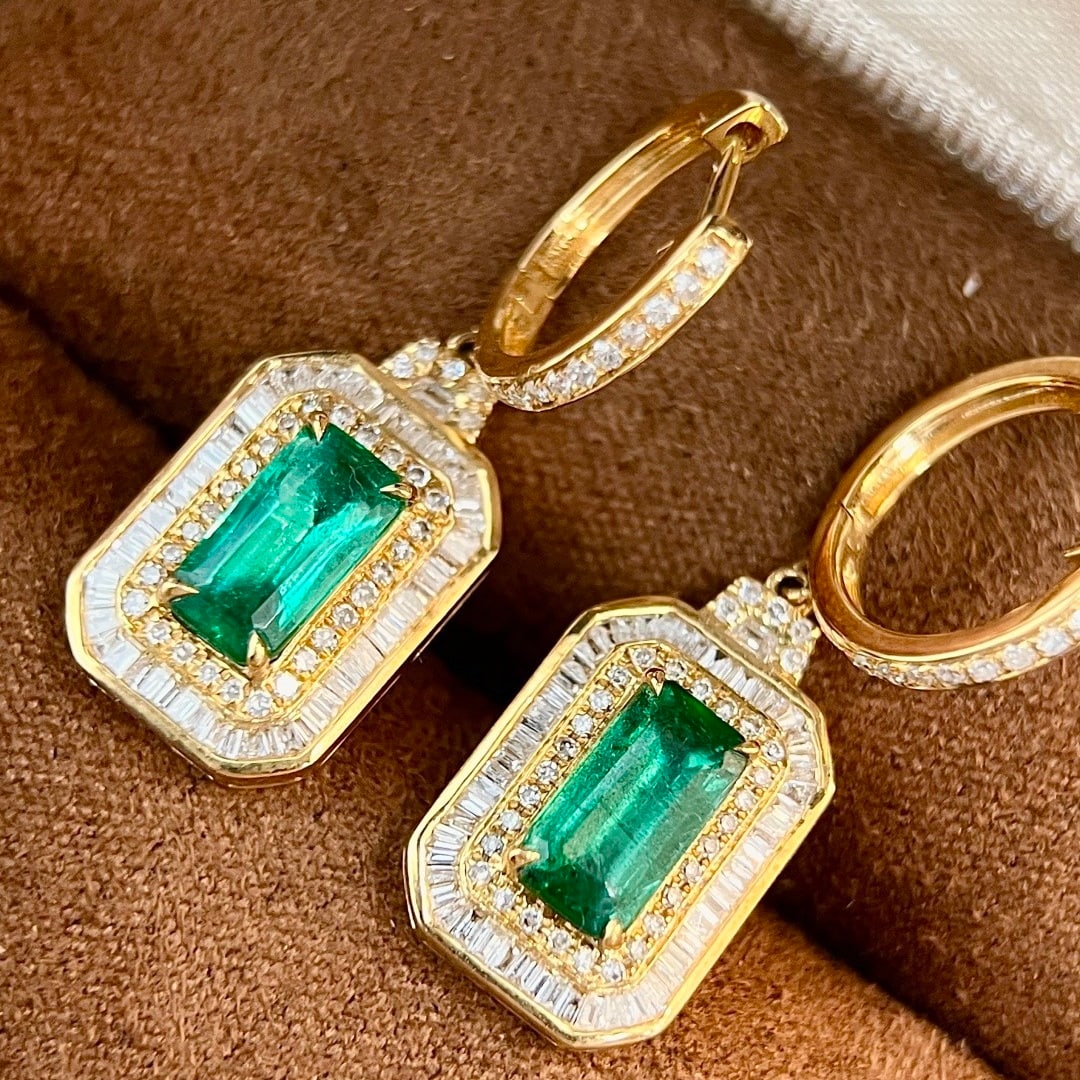 14k Gold 3.34 Ctw Vivid Green Natural Emerald & Diamond Earrings - 6