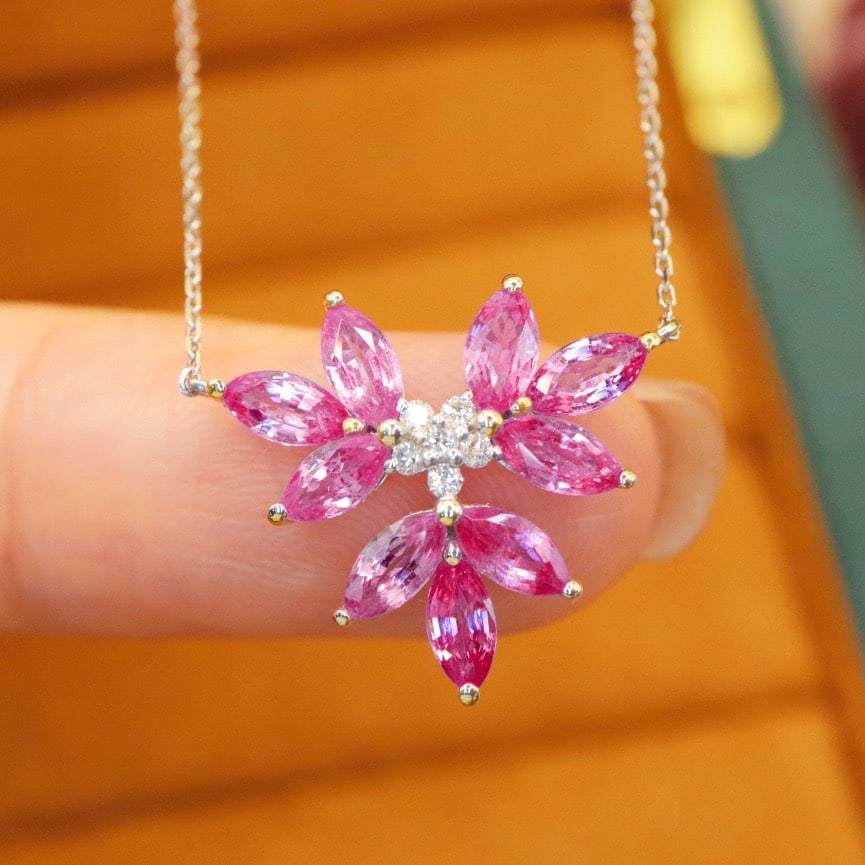 14k Gold 1.96 Ctw Natural Sapphire & Diamond Necklace: Ref:231128334 // gold content:14k gold // main gemstone:sapphire // shape:marquise // carat weight:1. 9ct // color:pink // treatment:natural // // adjacent gemstone 2 : diamond // number of