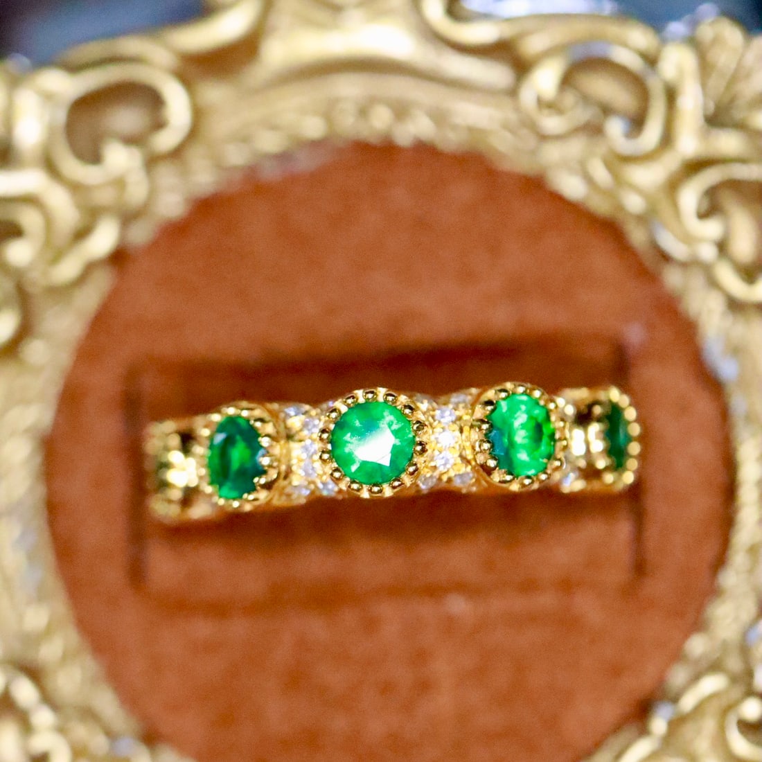 14k Gold 0.69 Ctw Natural Emerald & Diamond Ring: Ref:231128339 // gold content:14k gold // ring size:7. 25us // // main gemstone:emerald // shape:round // carat weight:0. 58ct // color:green // treatment:natural // cut grade:g // // adjacent