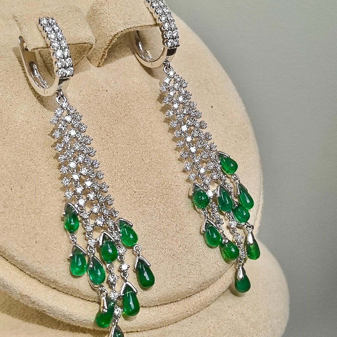 14k Gold 4.52 Ctw Vivid Green Natural Emerald & Diamond Earrings - 3