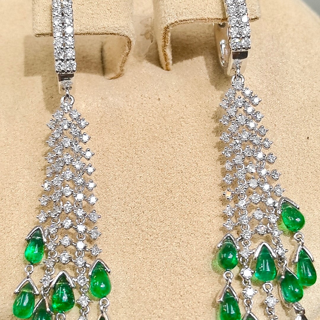 14k Gold 4.52 Ctw Vivid Green Natural Emerald & Diamond Earrings - 4