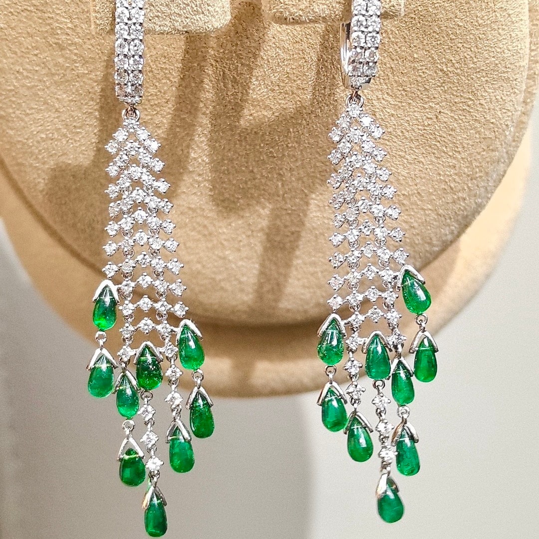 14k Gold 4.52 Ctw Vivid Green Natural Emerald & Diamond Earrings - 7