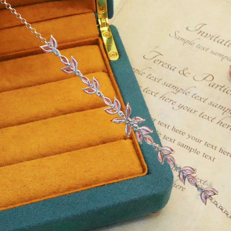 14k Gold 5.19 Ctw Natural Padparadscha Sapphire & Diamond Bracelet - 4