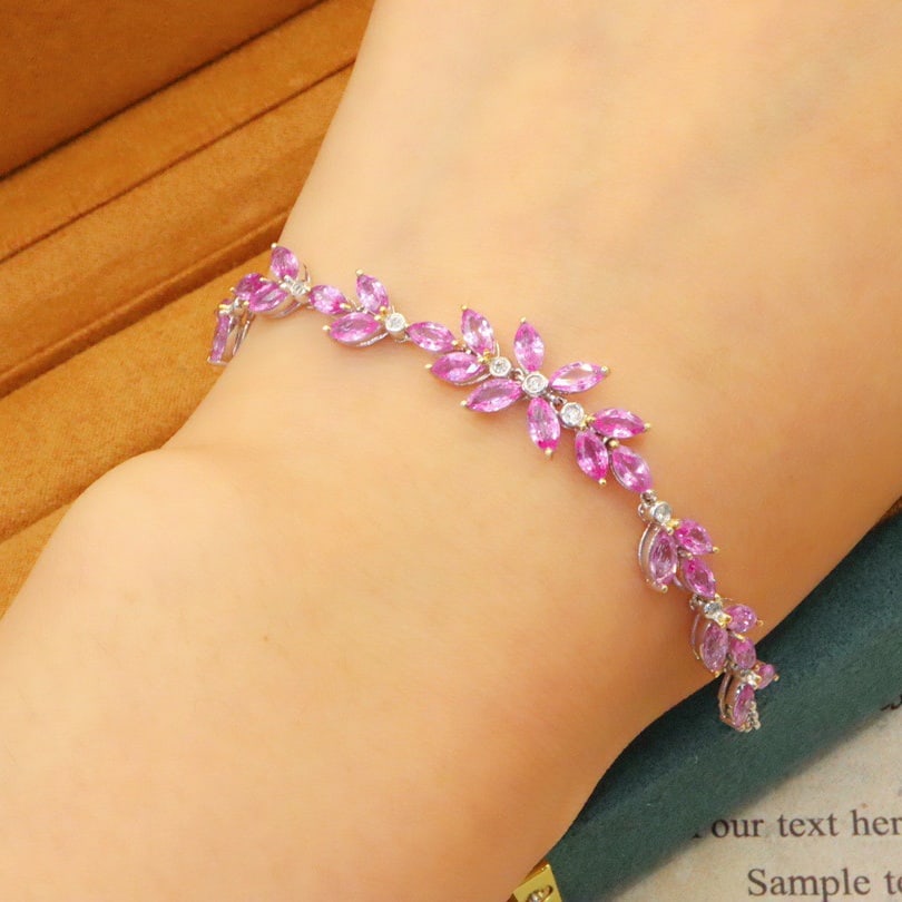 14k Gold 5.19 Ctw Natural Padparadscha Sapphire & Diamond Bracelet - 5