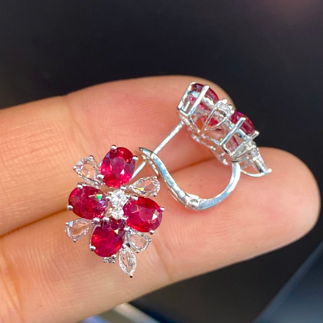 14k Gold 3.41 Ct Natural Ruby & Sapphire & Diamond Earrings - 4