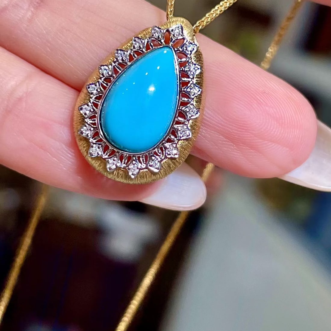 14k Gold 2.98 Ctw Natural Blue Turquoise & Diamond Pendant( Without Chain ) - 3