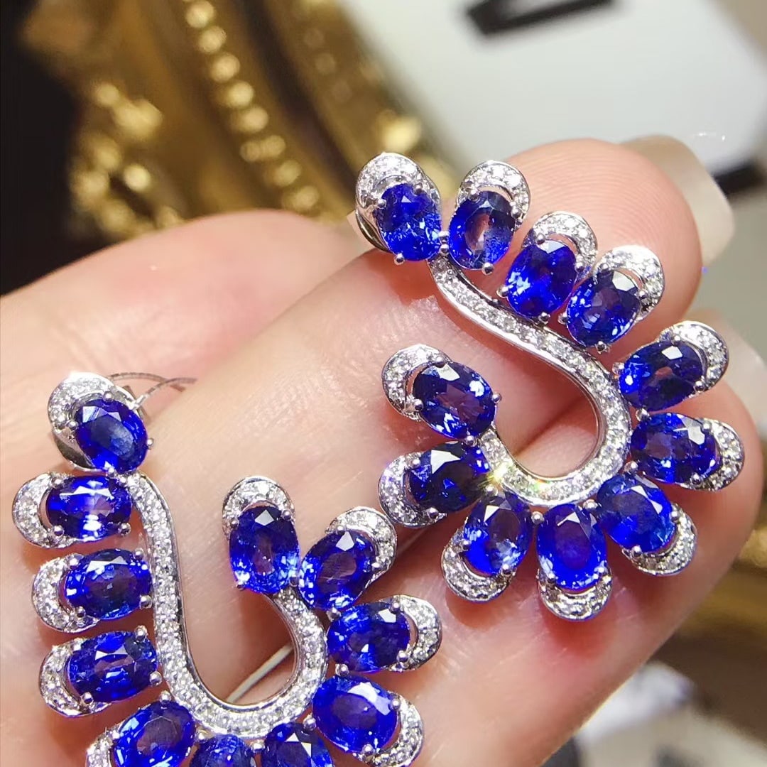 14k Gold 7.54 Ctw Natural Sapphire & Diamond Earrings - 2