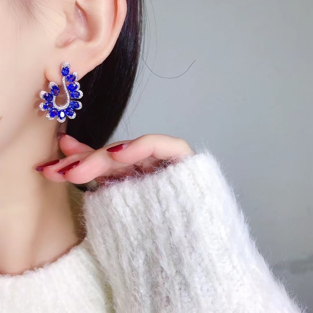 14k Gold 7.54 Ctw Natural Sapphire & Diamond Earrings - 4