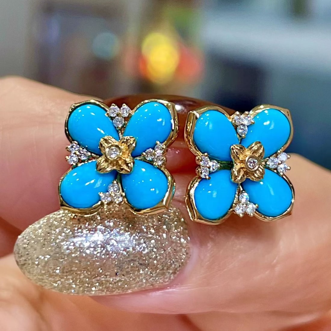 14k Gold 3.41 Ctw Natural Blue Turquoise & Diamond Earrings: Ref:231128383 // gold content:14k gold // main gemstone:blue turquoise // shape:pear // carat weight:3. 28ct // color:blue // treatment:natural // // adjacent gemstone 2 : diamond // shape:round //