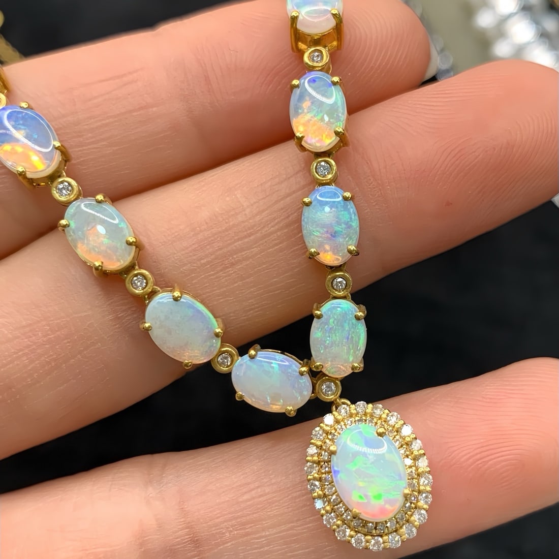 14k Gold 5.78 Ctw Natural Opal & Diamond Necklace - 4