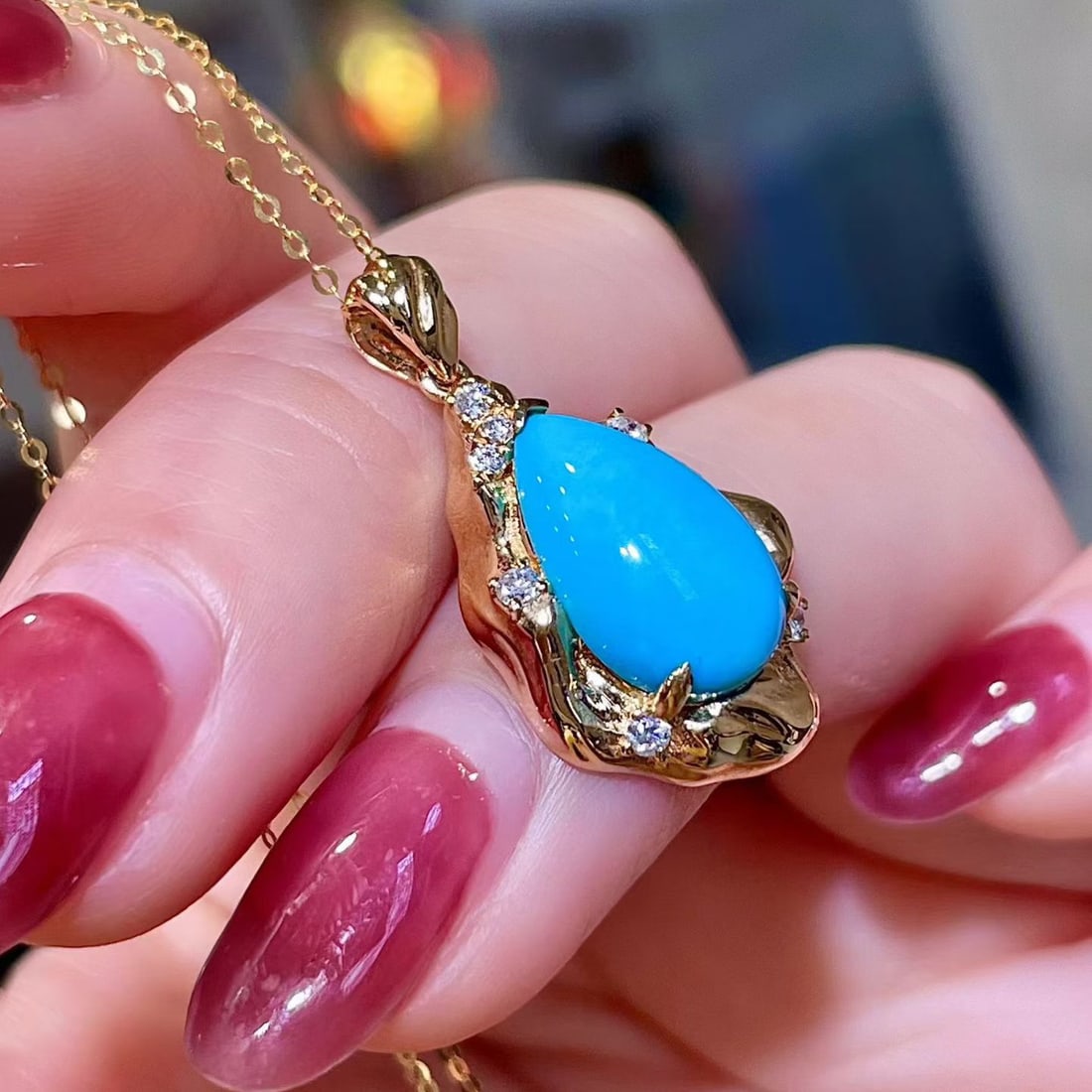 14k Gold 3.21 Ctw Natural Blue Turquoise & Diamond Pendant( Without Chain ) - 3