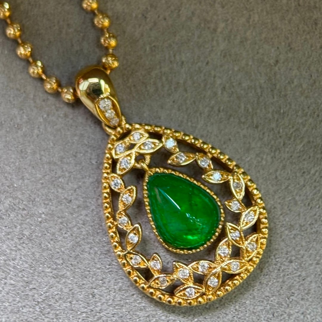 14k Gold 0.92 Ct Vivid Green Natural Emerald & Diamond Pendant( Without Chain ) - 3