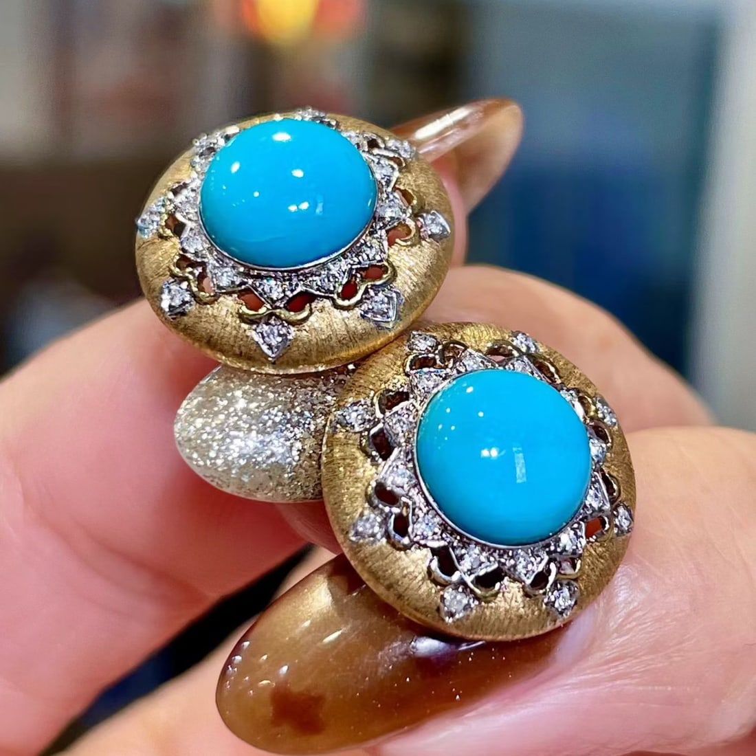 14k Gold 4.19 Ctw Natural Blue Turquoise & Diamond Earrings - 2