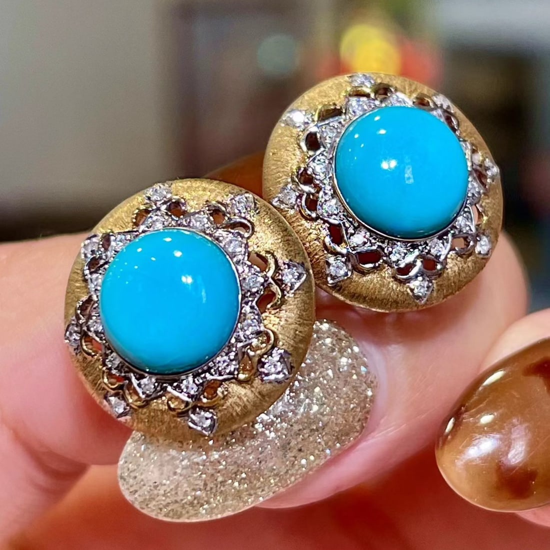 14k Gold 4.19 Ctw Natural Blue Turquoise & Diamond Earrings - 3