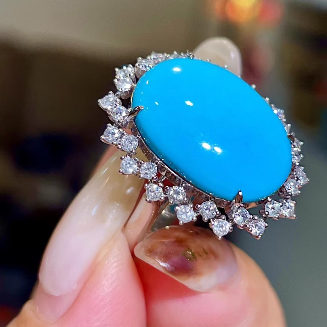 14k Gold 7.64 Ctw Natural Blue Turquoise & Diamond Ring - 2