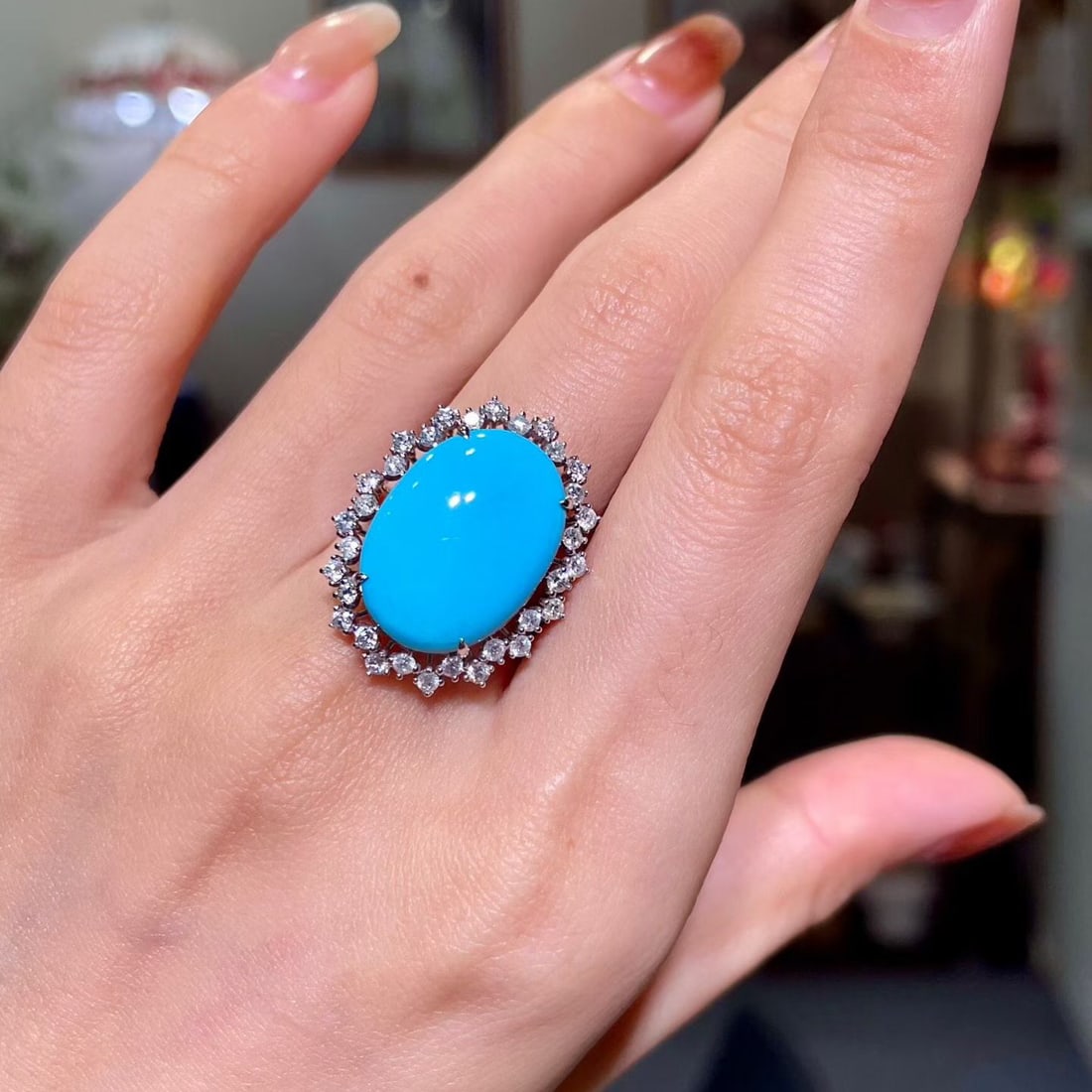 14k Gold 7.64 Ctw Natural Blue Turquoise & Diamond Ring - 4