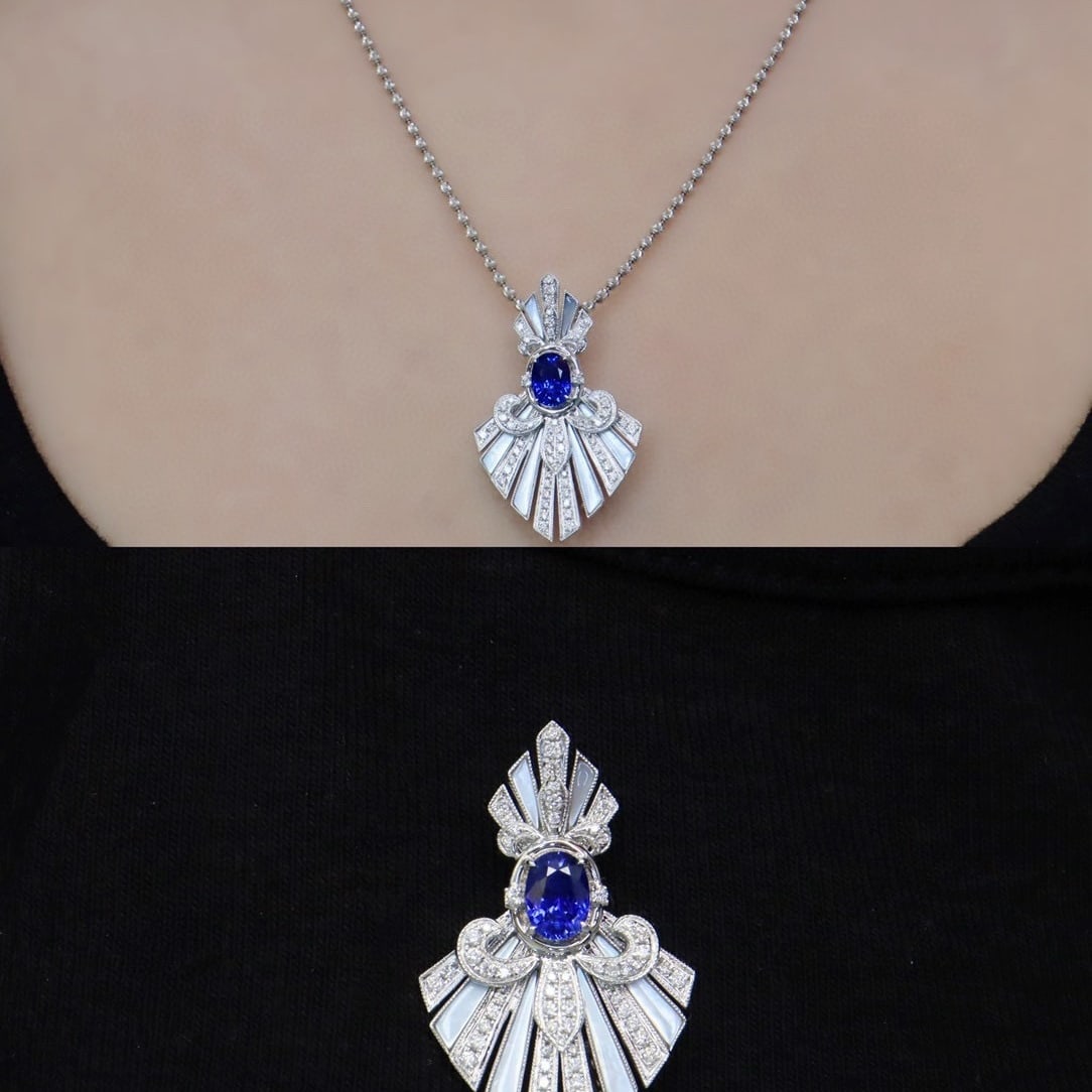 14k Gold 1.47 Ctw Natural Sapphire & Diamond Brooch/pendant( Without Chain ) - 5