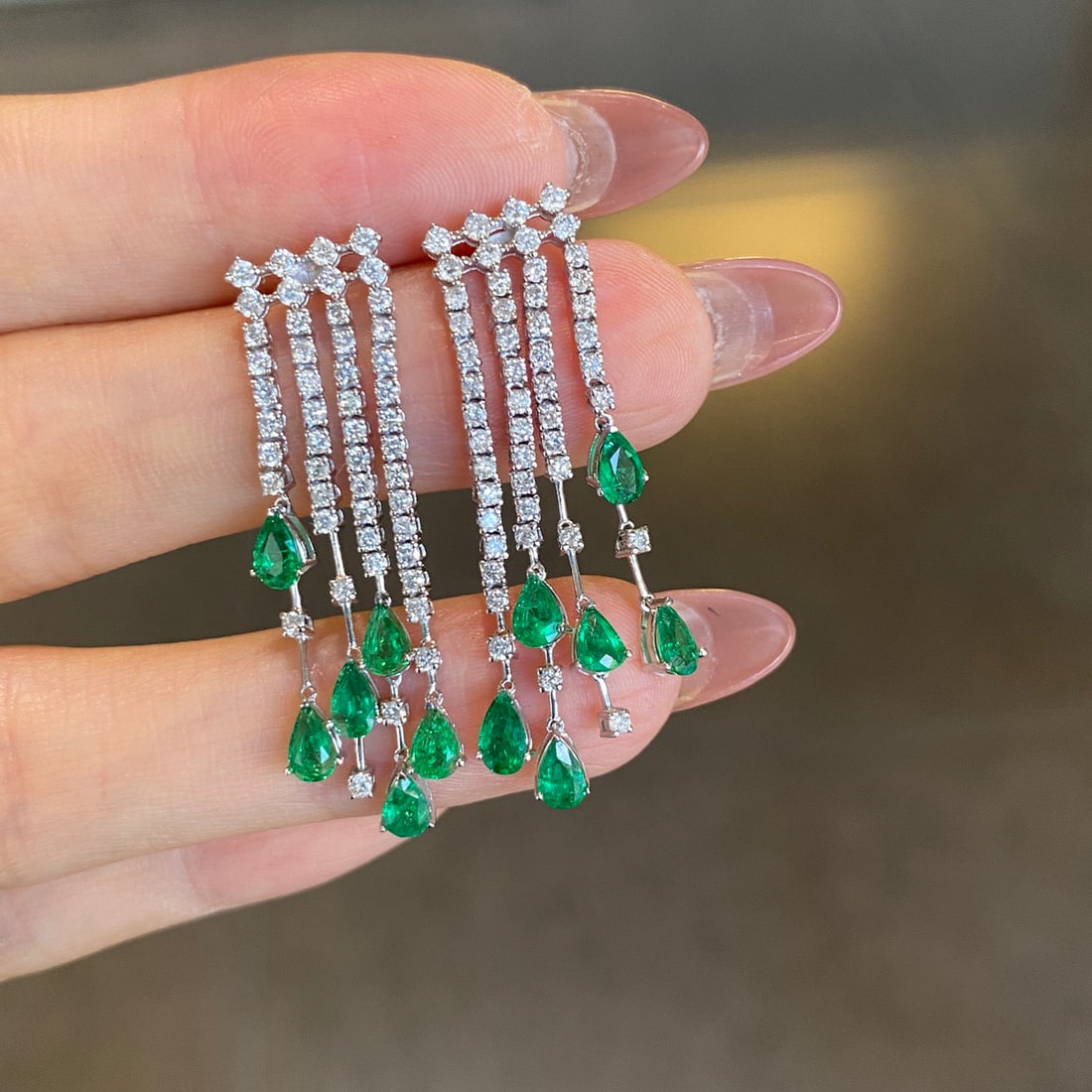 14k Gold 2.3 Ct Vivid Green Natural Emerald & Diamond Earrings - 2