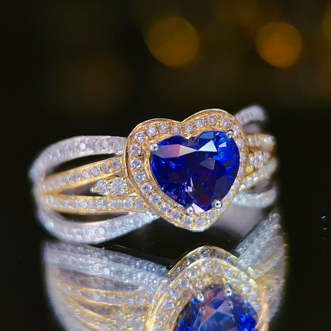 14k Gold 1.84 Ctw Vivid Blue Natural Emerald & Diamond Ring: Ref:231128413 // gold content:14k gold // ring size:7. 25us // // main gemstone:emerald // shape:heart // carat weight:1. 44ct // color:vivid blue // treatment:natural // // adjacent gemstone 2 :