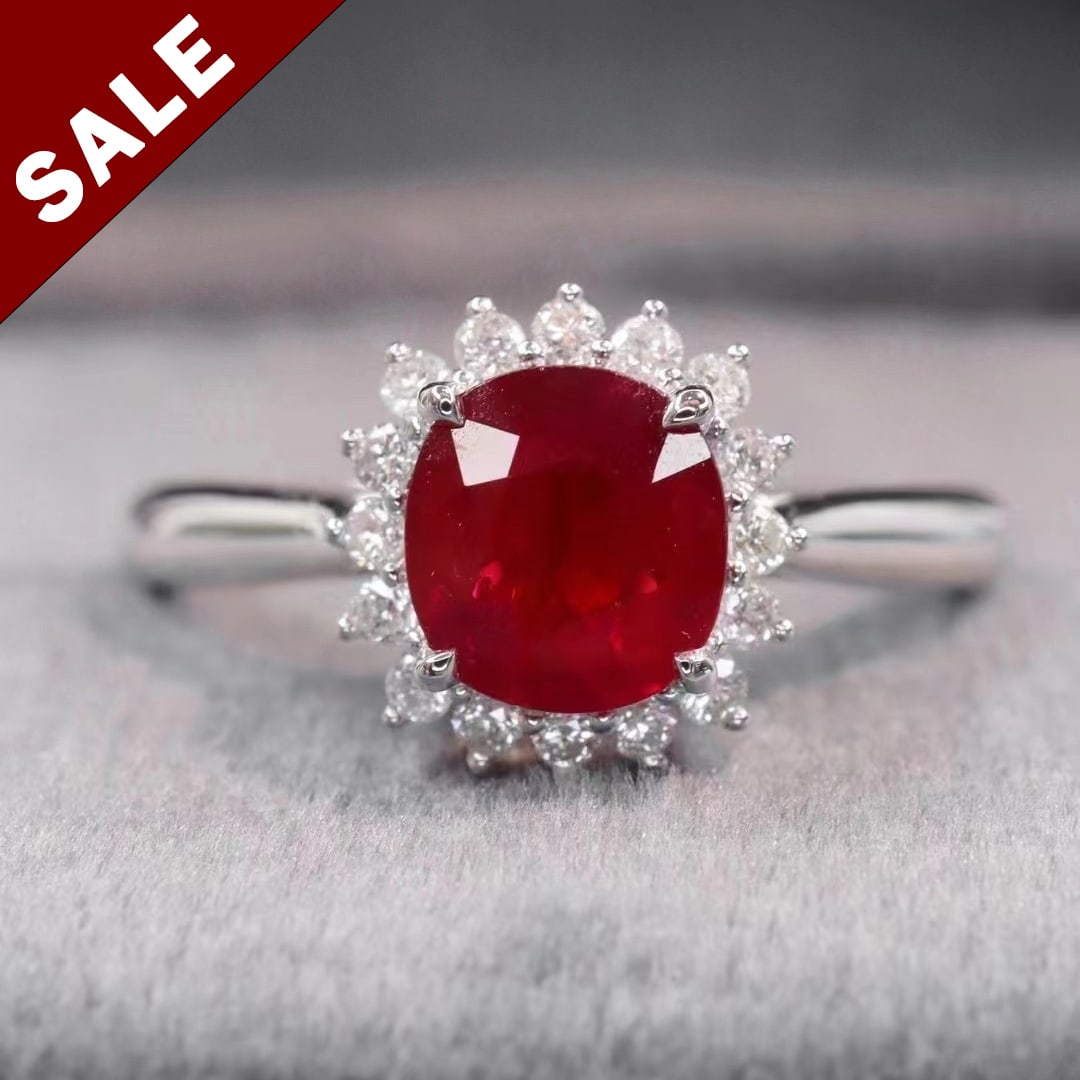 14k White Gold 1.26 Ctw Natural Ruby & Diamond Ring: Ref:230794022 // gold content:14k white gold // main gemstone:ruby // shape:oval // carat weight:1. 1ct // color:red // treatment:natural // cut grade:g // // adjacent gemstone 2 : diamond //