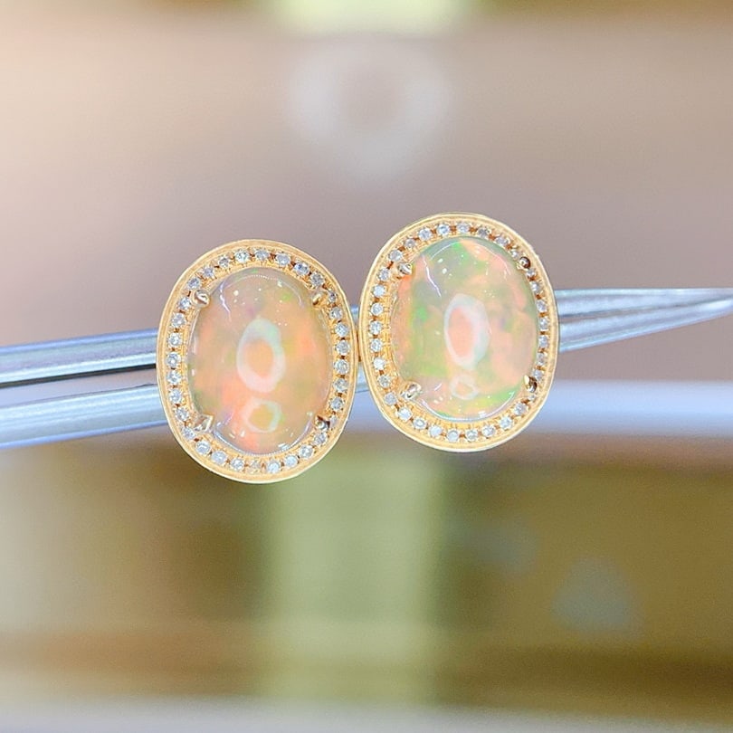 14k Gold 3.5 Ct Natural Opal & Diamond Earrings - 3