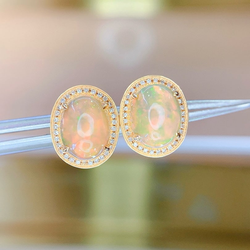 14k Gold 3.5 Ct Natural Opal & Diamond Earrings - 5