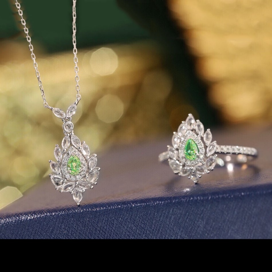 14k Gold 1.90 Ctw Natural Green Diamond & Sapphire & Diamond Jewelry Set - 7