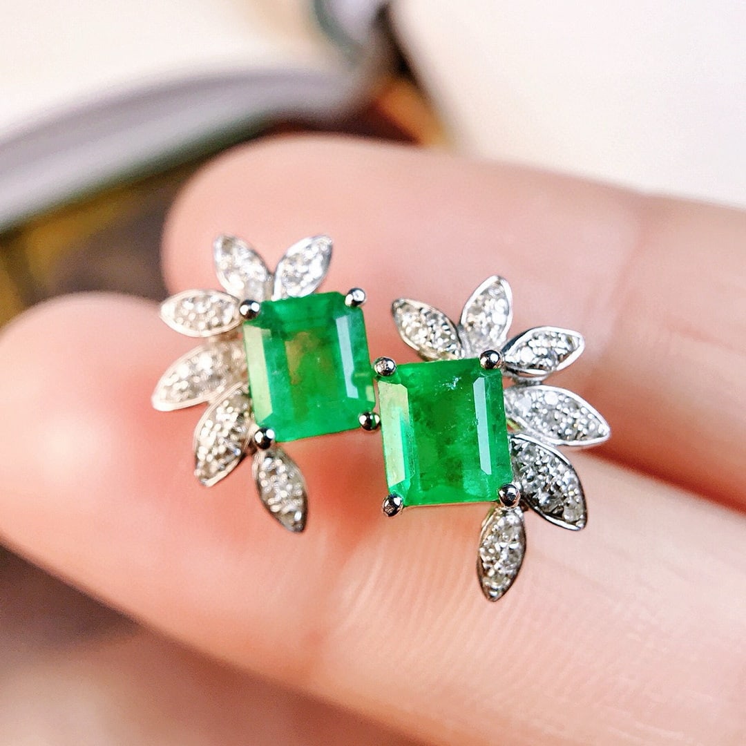 14k Gold 1.82 Ctw Vivid Green Natural Emerald & Diamond Earrings - 2