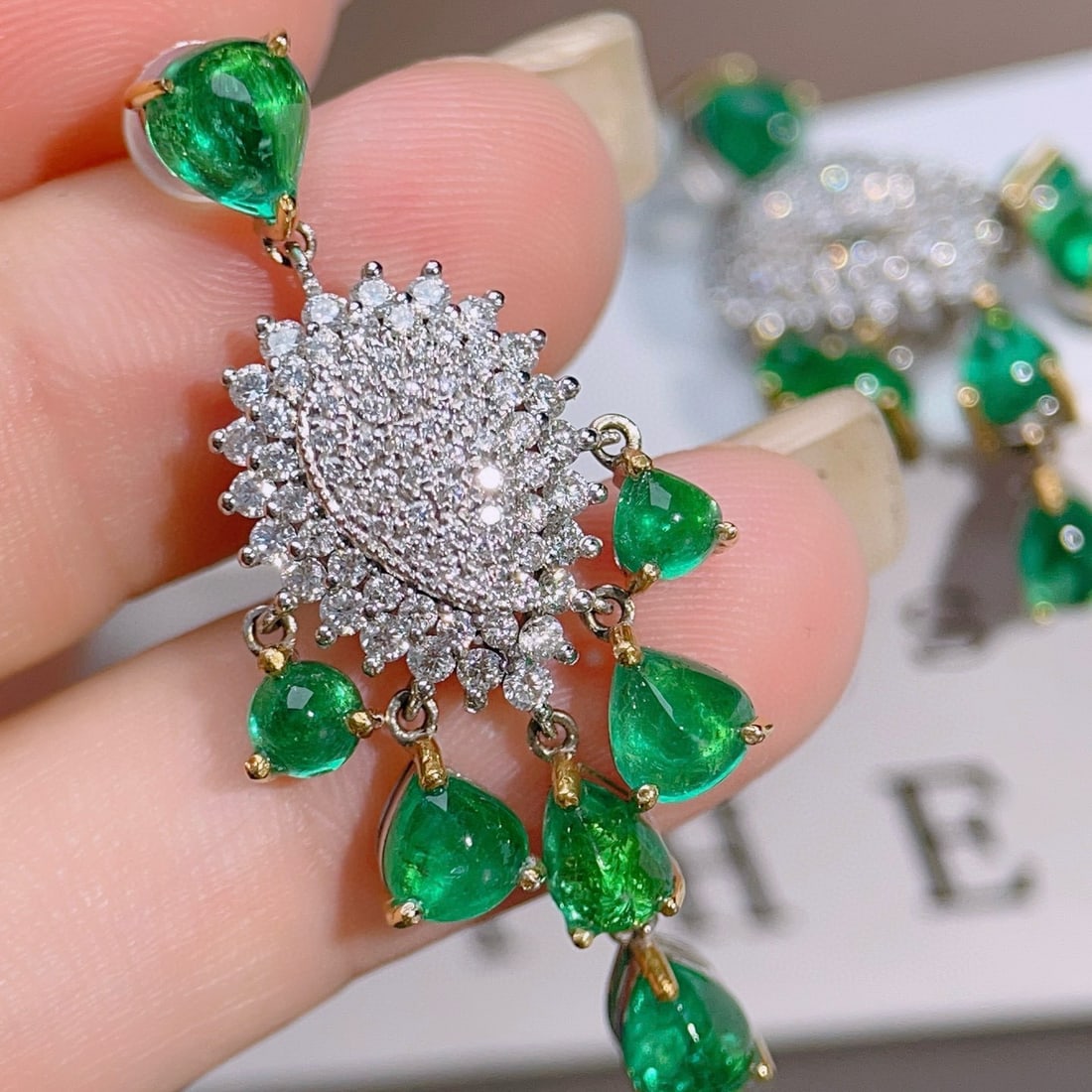 14k Gold 9.78 Ctw Vivid Green Natural Emerald & Diamond Earrings - 6