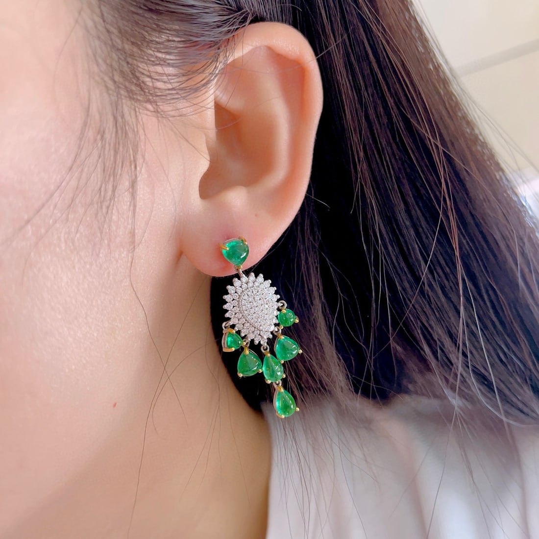 14k Gold 9.78 Ctw Vivid Green Natural Emerald & Diamond Earrings - 8