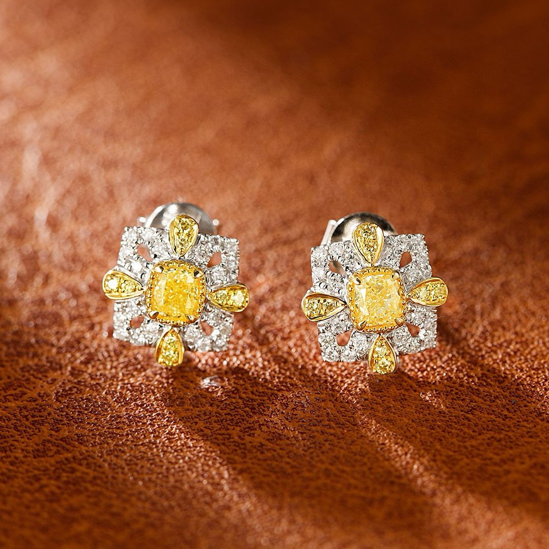 14k Gold 0.52 Ctw Natural Yellow Diamond & Diamond Earrings - 3