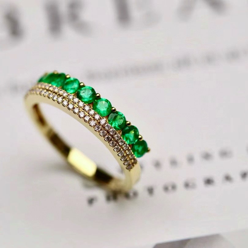 14k Gold 0.78 Ctw Vivid Green Natural Emerald & Diamond Ring - 4