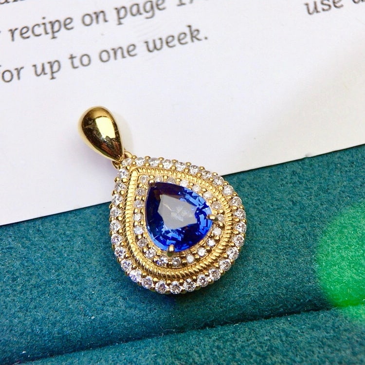 14k Gold 1.75 Ctw Natural Sapphire & Diamond Pendant( Without Chain ): Ref:230941127 // gold content:14k gold // main gemstone:sapphire // shape:pear // carat weight:1. 35ct // color:blue // treatment:natural // // adjacent gemstone 2 : diamond // shape:round // carat