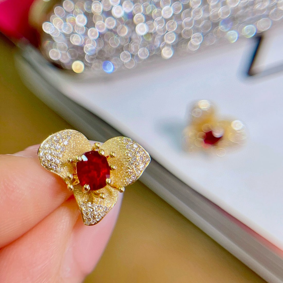 14k Gold 1.5 Ctw Natural Ruby & Diamond & Flowers Earrings - 3