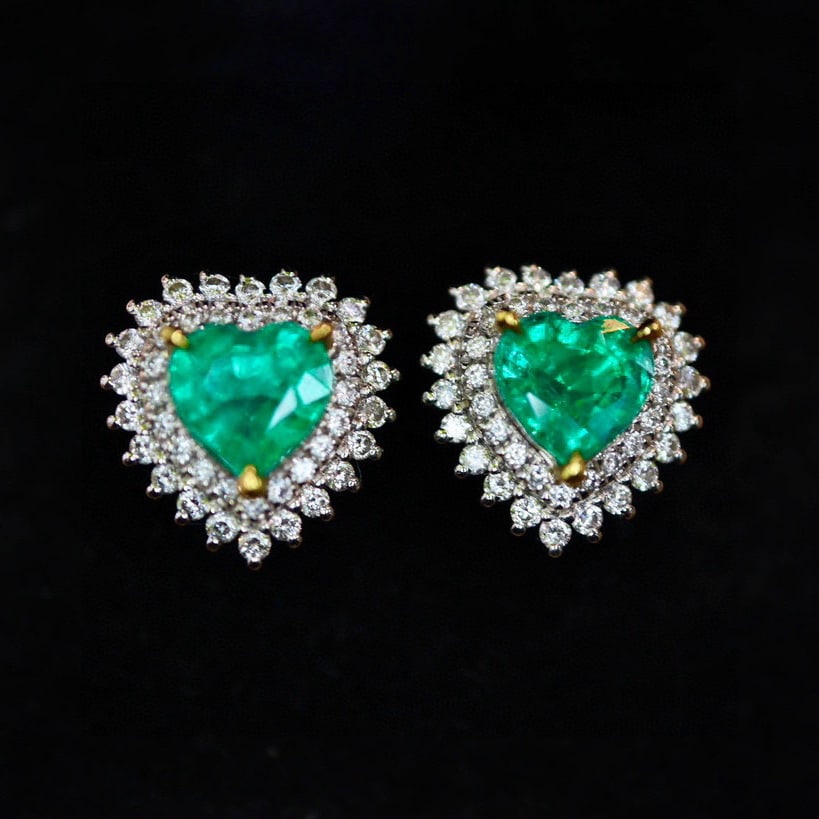 14k Gold 2.07 Ctw Vivid Green Natural Emerald & Diamond Earrings - 3