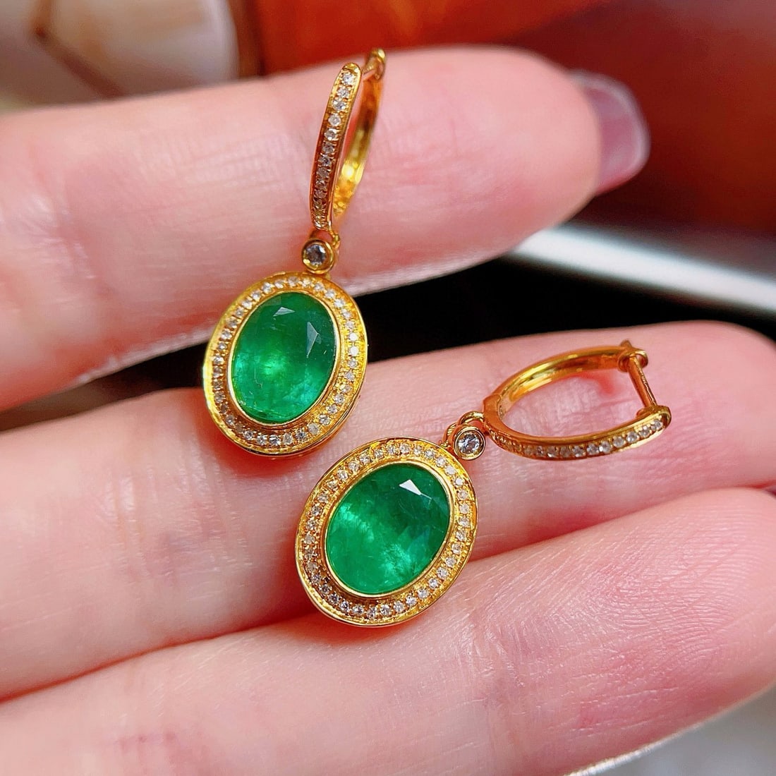 14k Gold 2 Ct Natural Emerald & Diamond & Sapphire Earrings - 2