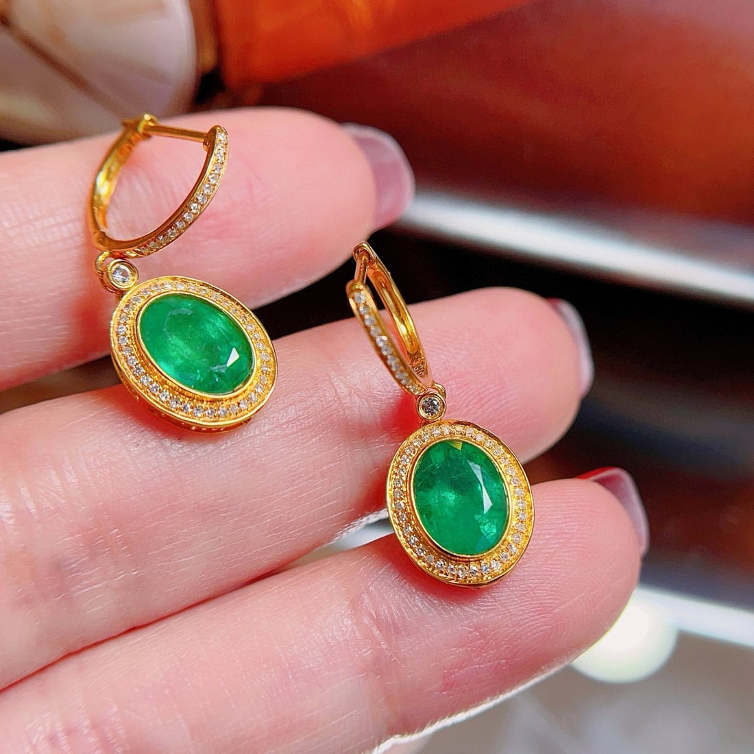14k Gold 2 Ct Natural Emerald & Diamond & Sapphire Earrings - 3