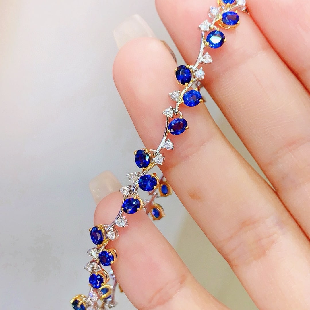 14k Gold 6.48 Ctw Vivid Blue Natural Sapphire & Diamond Bracelet - 3
